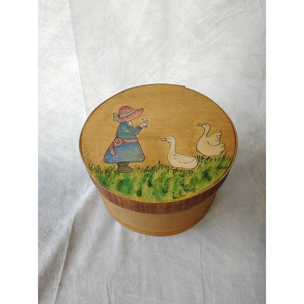 Vintage Hand Painted Wooden Cheese Box Geese Farmhouse bonnet Country - Picture 16 of 16